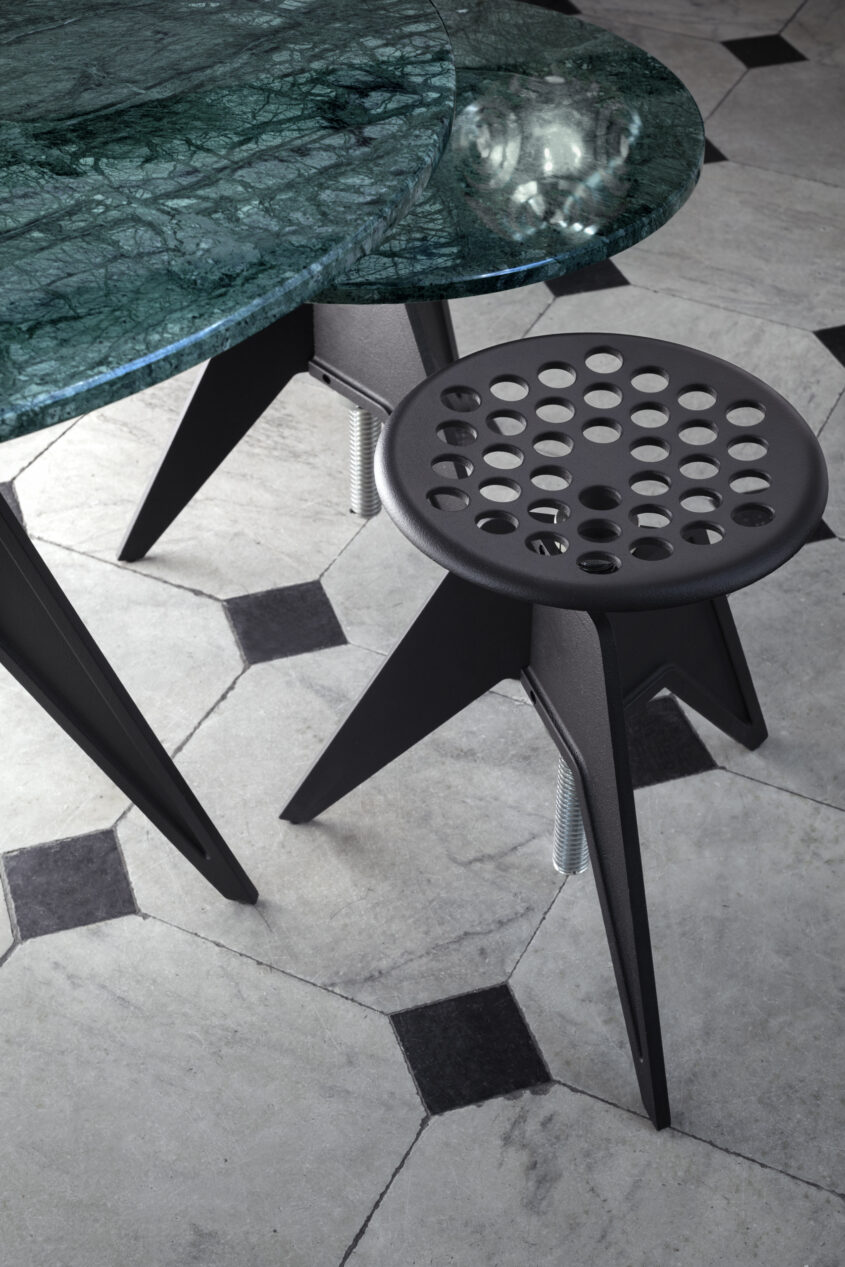 Screw Table Green Marble Top with Stool Detail